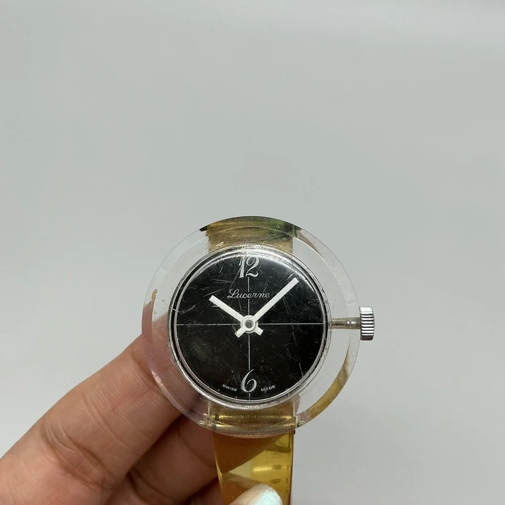 Vintage Lucerne Mens Watch 36mm Black Dial Clear Case Silicone Strap Manual Wind